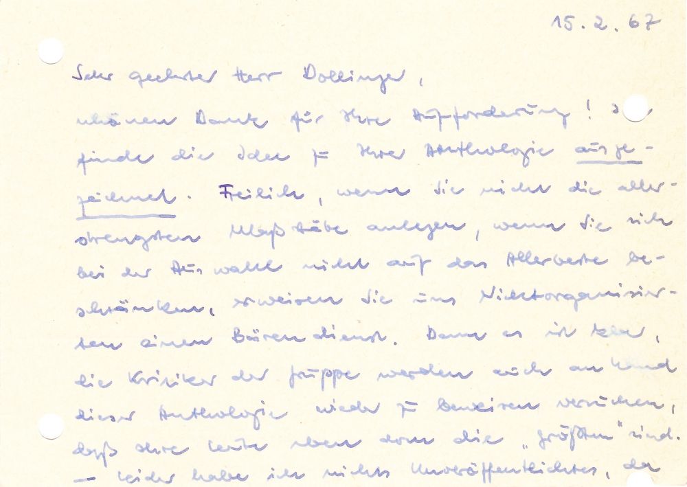 Piontek an H.Dollinger, 15.2.1967 (1); © Heinz Piontek-Archiv, Lauingen