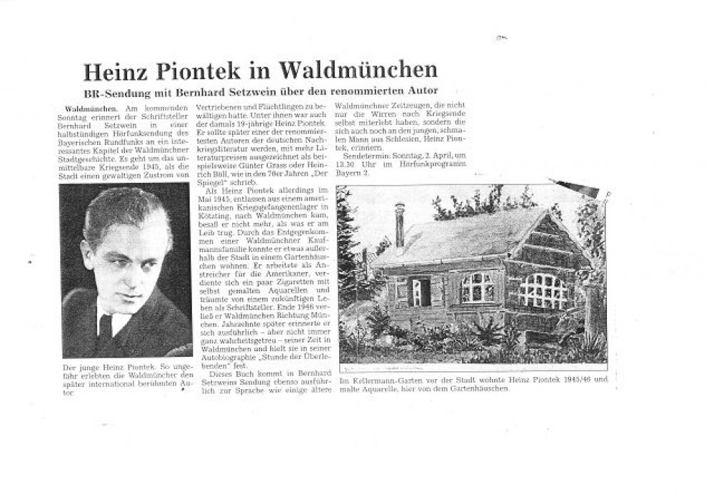Erinnerung an Heinz Piontek in Waldmünchen, Zeitungsartikel mit Hinweis auf die BR-Sendung am 26.7.2009
