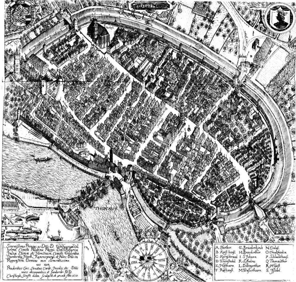 Lauingen, Stich von 1617. Aus: Geschichte der Stadt Lauingen. Von Bernhard Mayer. Dillingen 1866